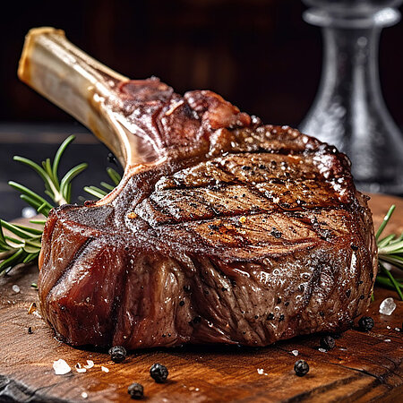 Ein gebratenes Steak mit Knochen ist appetitlich auf einem Holzbrett angerichtet. Als Deko liegen einige Gewürze um das Fleisch herum. Im Hintergrund sieht man eine Glaskaraffe.
