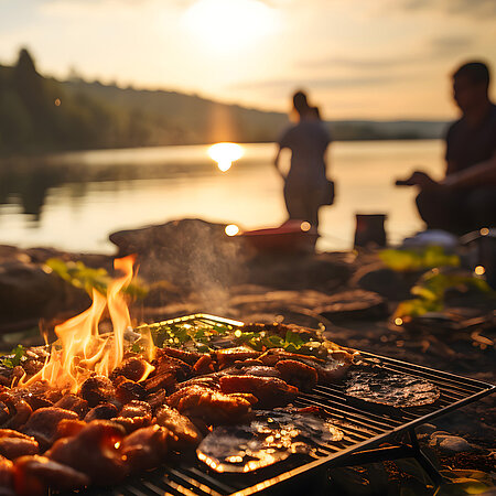 Verschiedene Fleischprodukte liegen auf einem Grillrost. Im Hintergrund ist ein See im Sonnenuntergang zu sehen. Zwei Silhouetten von Menschen befinden sich zwischen Grill und See.