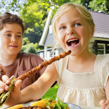 Zwei Kinder, ein Junge und ein Mädchen, sitzen im Freien an einem Tisch. Das Mädchen hält einen Fleischspieß, in den es gerade hineinbeißen will. Der Junge schaut das Mädchen an. Im Hintergrund sieht man ein Haus im Grünen.
